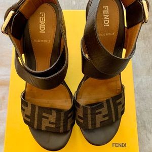 Fendi zucca brown/ beige platform wedge sandals